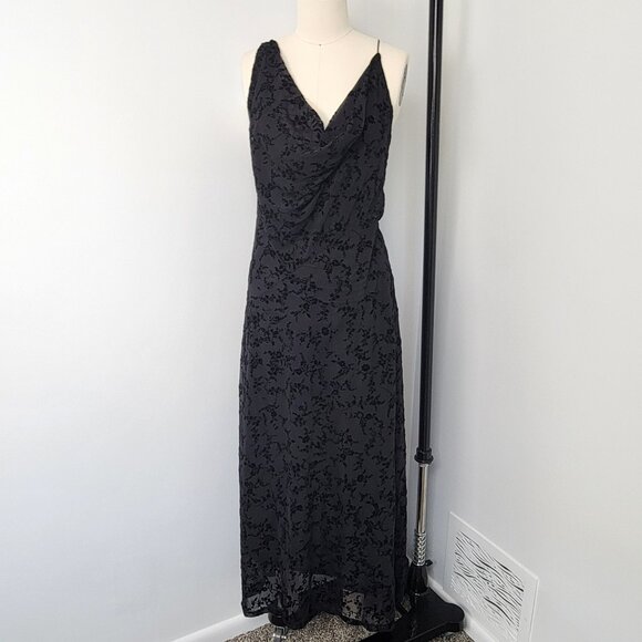 Zara Black Velvet Mesh Flocked Maxi Dress Open Back Drapped Neckline - Picture 1 of 13